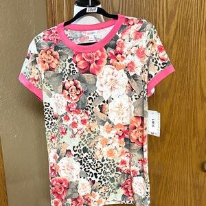 LuLaRoe Floral and Leopard Print Short Sleeve Tee - Pink and Red